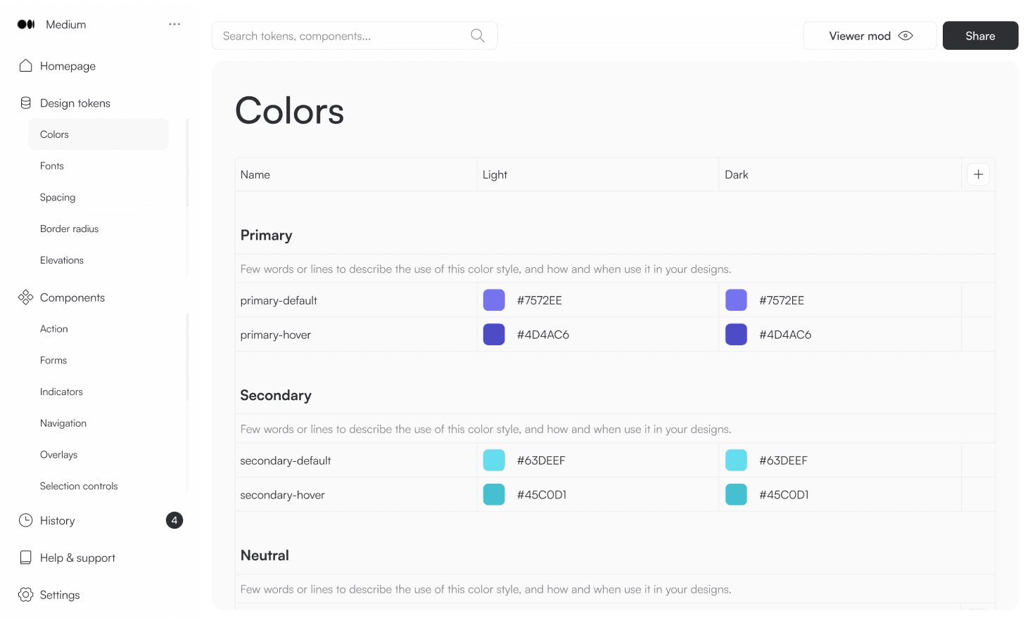 Tokens page screenshot